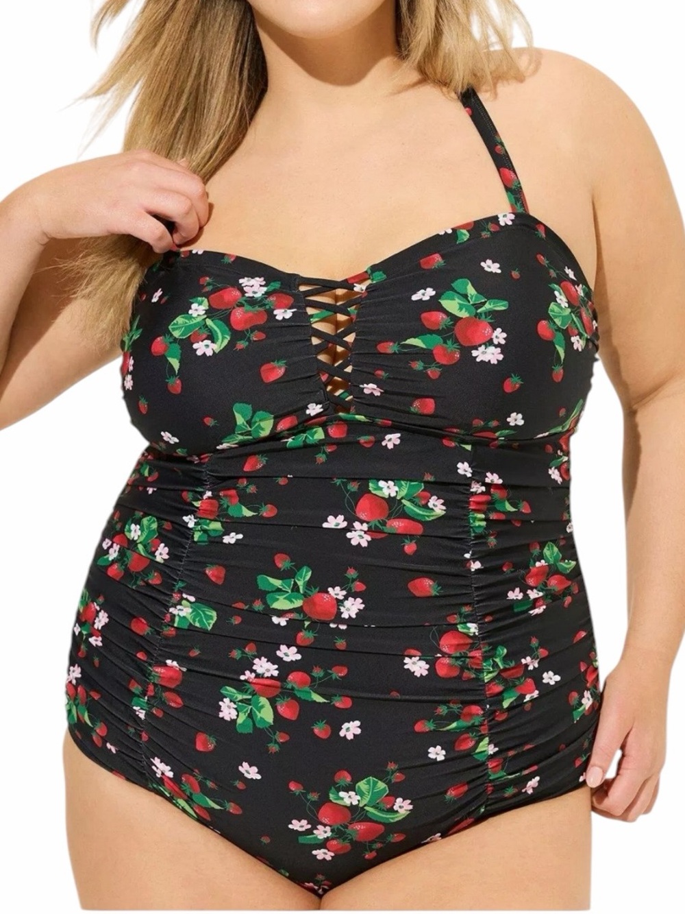 Torrid Retro Chic Black/Strawberry Print Slim Fit Lattice One Piece Swimsuit 4X